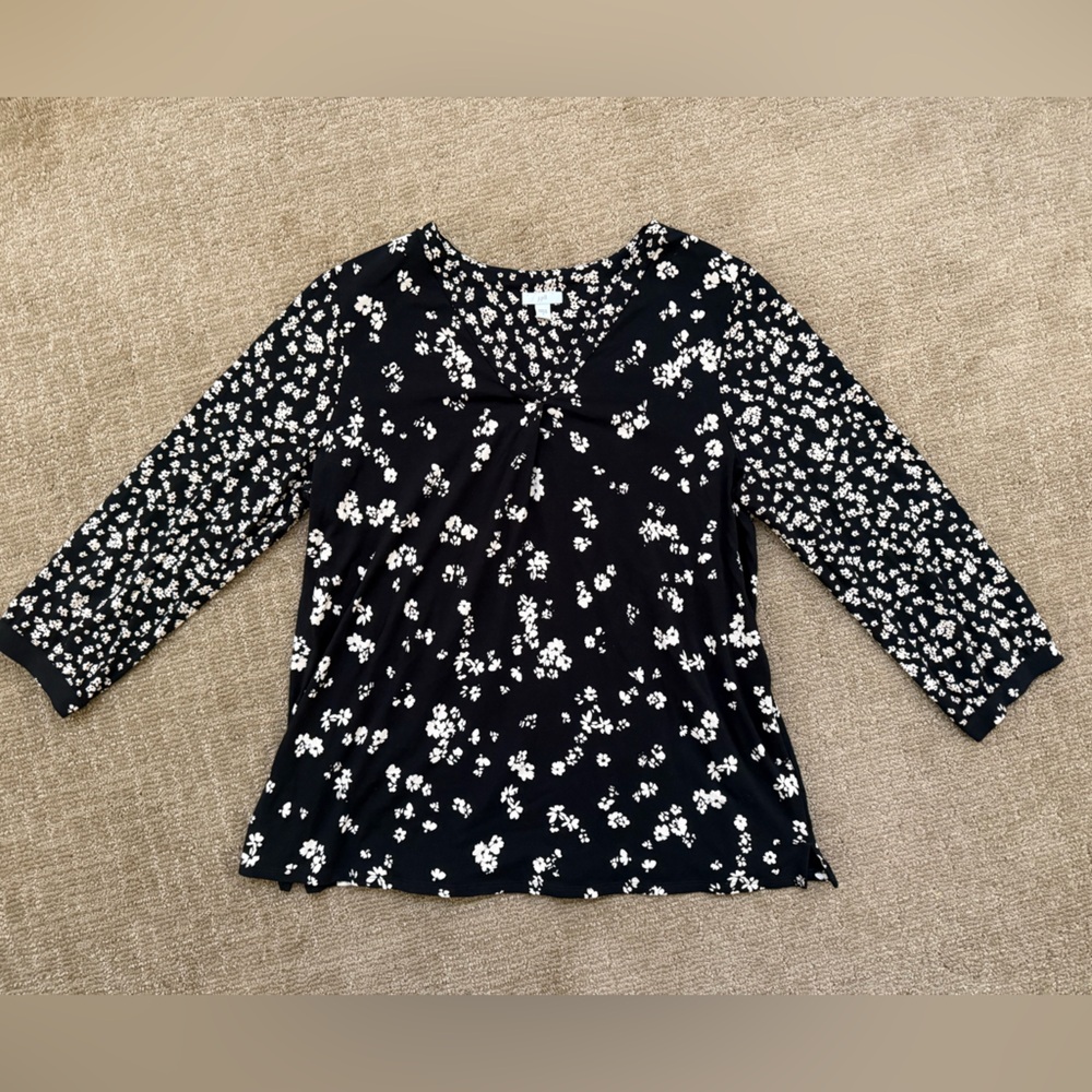 J Jill Black & White Floral V-Neck Long Sleeve Women's Top Size Large